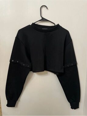 Current Mood Black Cropped Button-Trim Sweatshirt